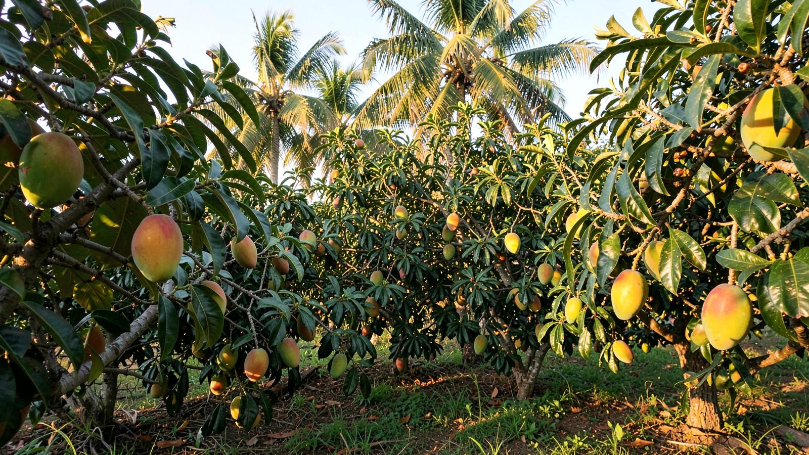 Sunlit mango orchard on Guimaras, the Mango Island of the Philippines, with ripe fruit and coconut palms behind
