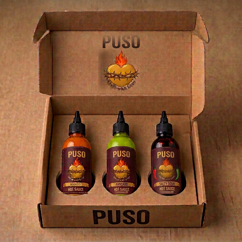 Open gift box with three upright hot sauce bottles — mango, avocado and Salty Sour