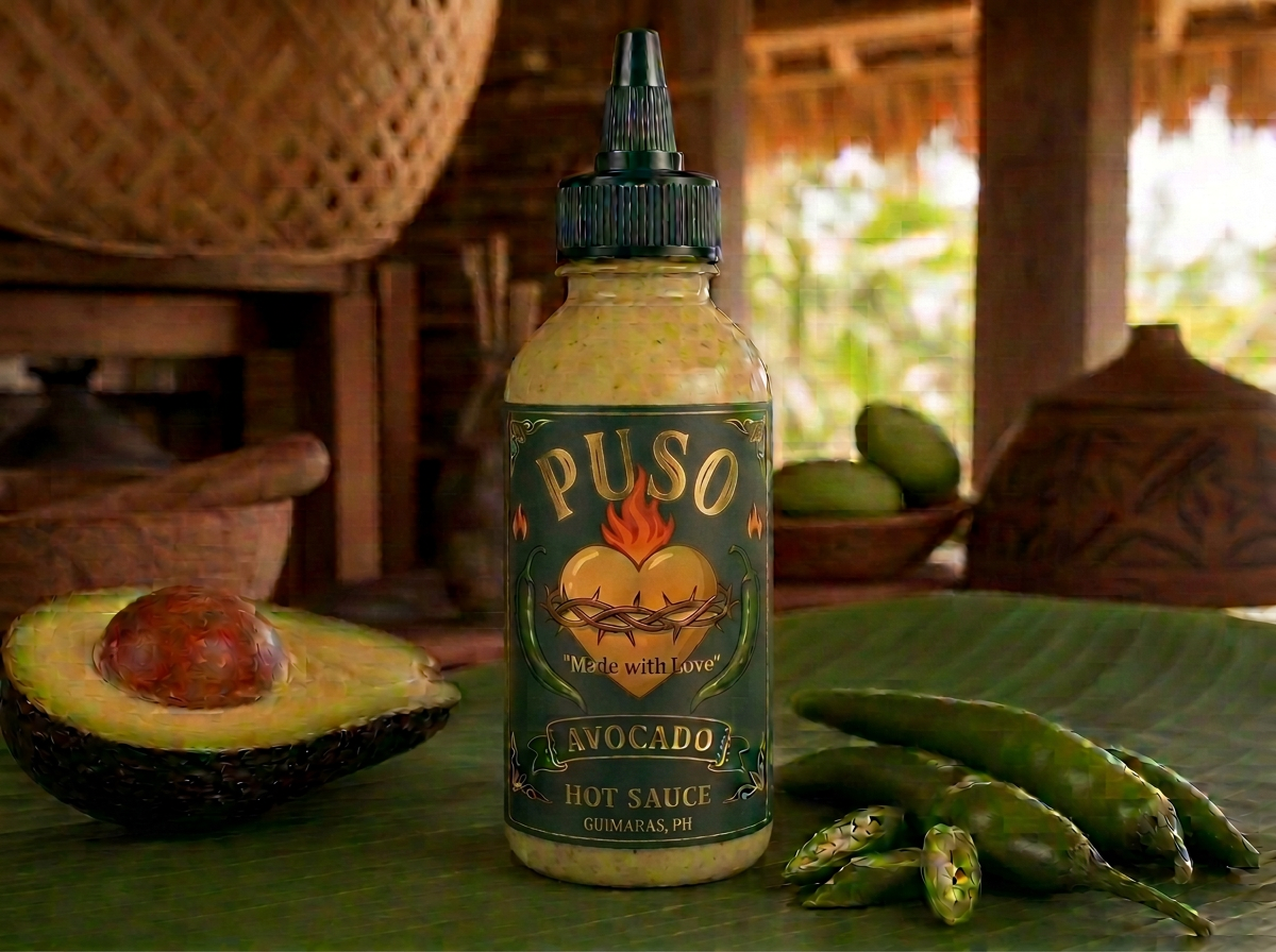 Avocado Hot Sauce bottle with a full-colour flaming heart and chili peppers beside avocado