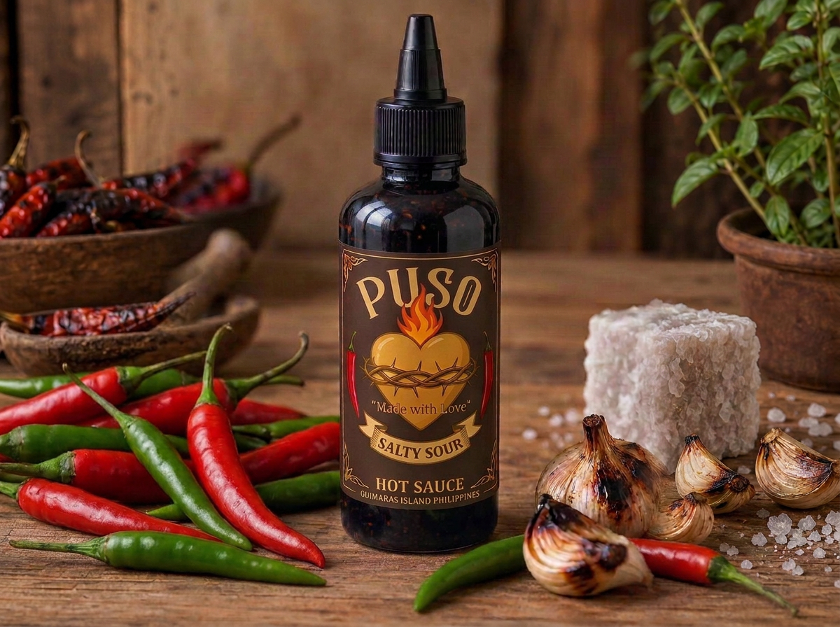 Salty Sour Hot Sauce bottle with a maroon label beside red and green chilies, charred garlic and tultul salt