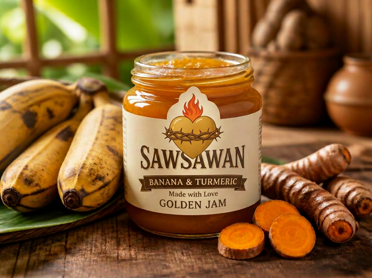 Banana and Turmeric Preserve jar with a full-colour flaming heart beside saba bananas and turmeric