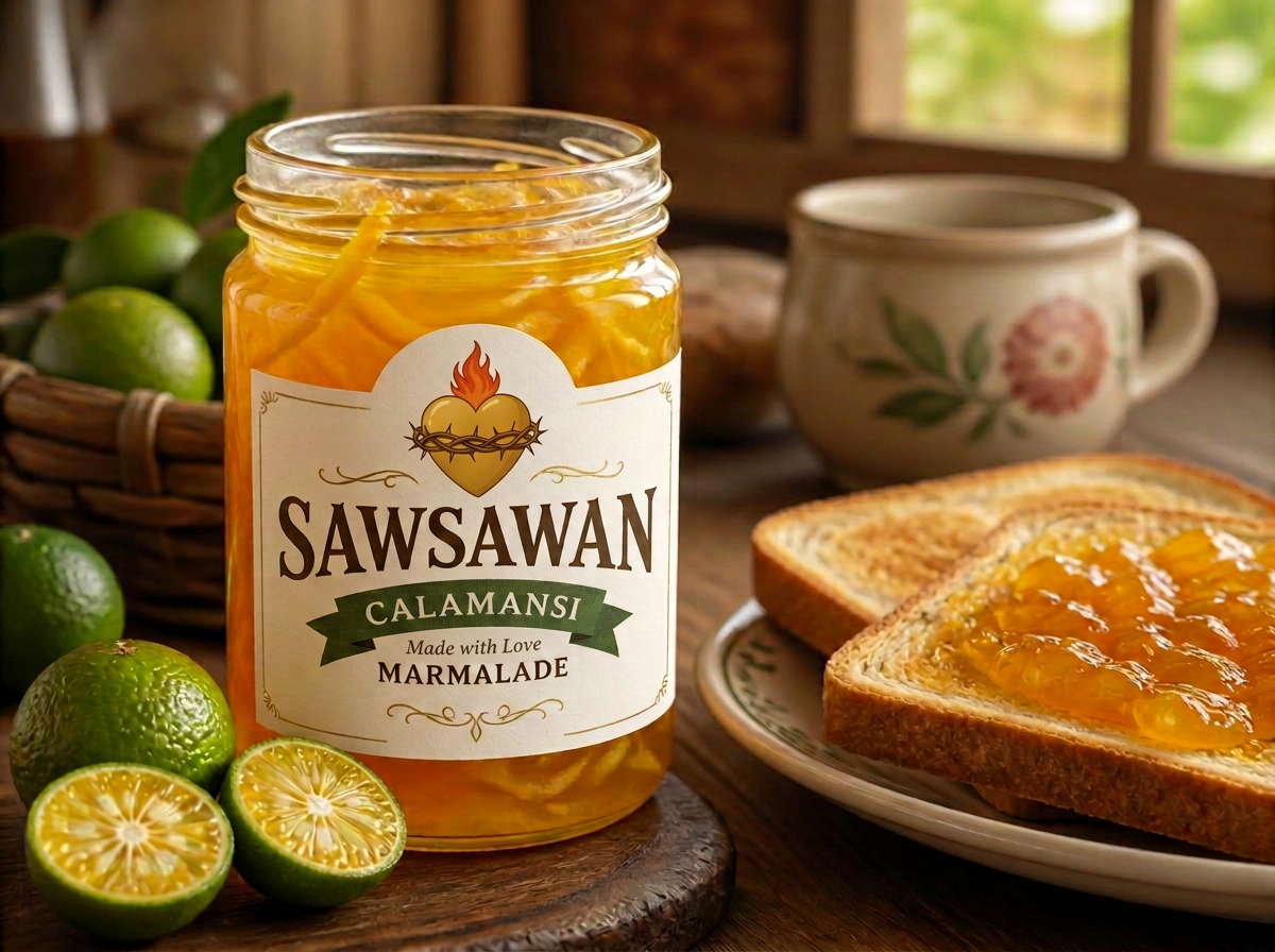 Calamansi Preserve jar with a full-colour flaming heart beside calamansi and toast