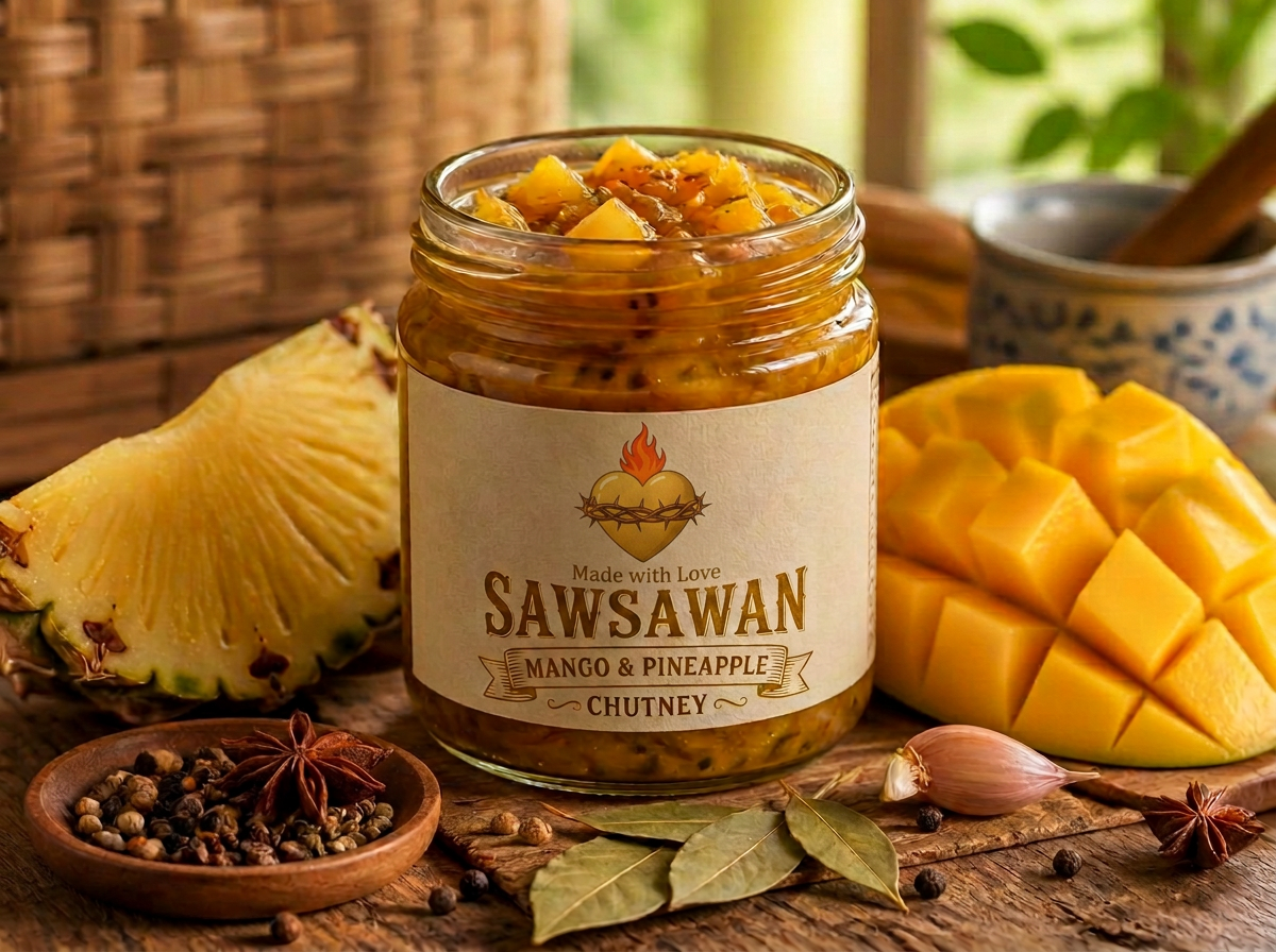 Mango and Pineapple Preserve jar with a full-colour flaming heart beside mango, pineapple and spices