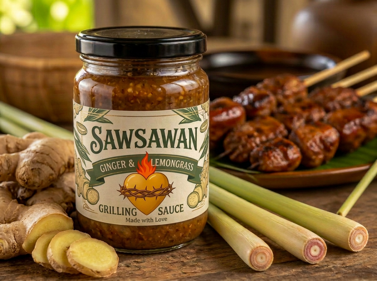 Grilling Sauce jar with a full-colour flaming heart beside ginger, lemongrass and grilled skewers