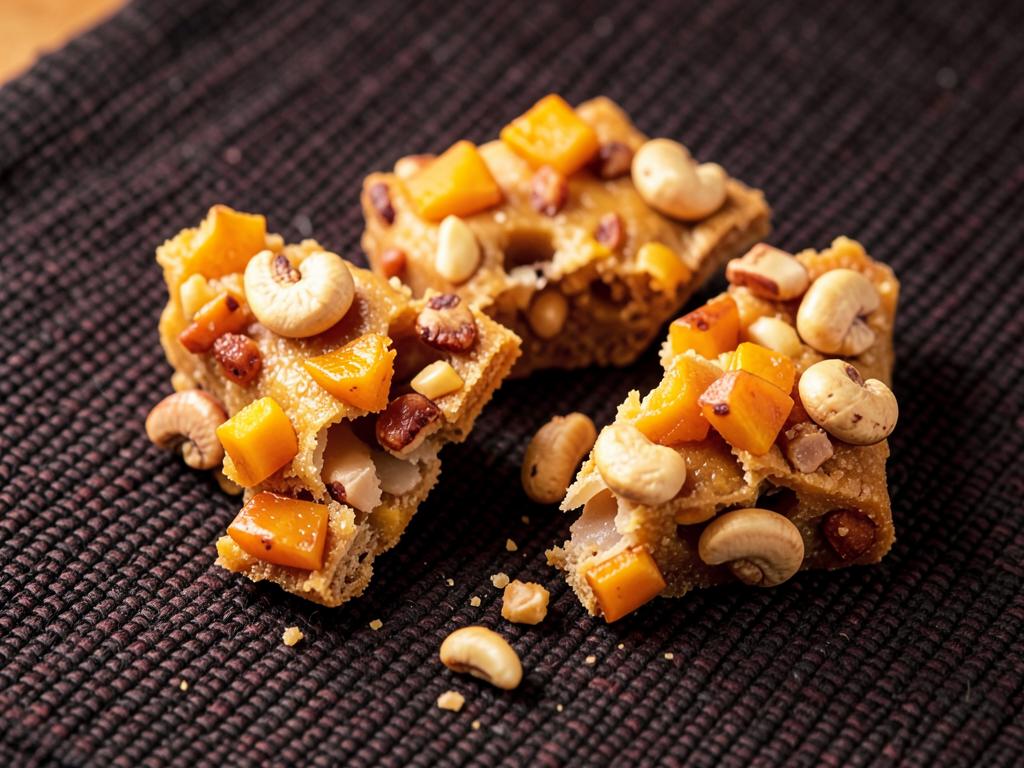 Shards of golden brittle studded with roasted cashews and caramelized mango
