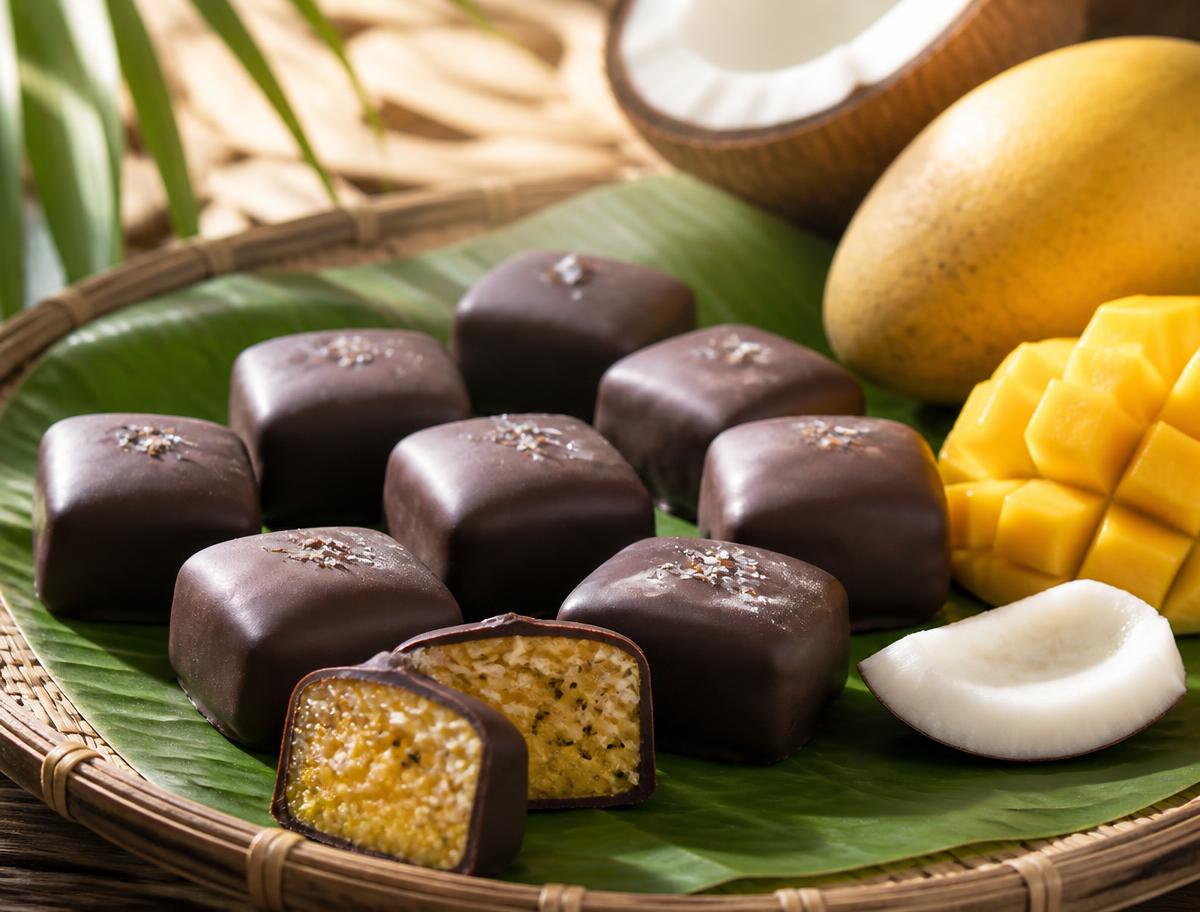 Dark chocolate mango bites cut open to reveal a golden mango coconut centre
