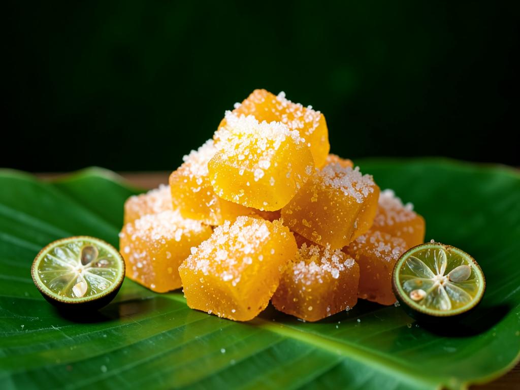 Golden sour mango gummies dusted with calamansi and coconut sap sugar
