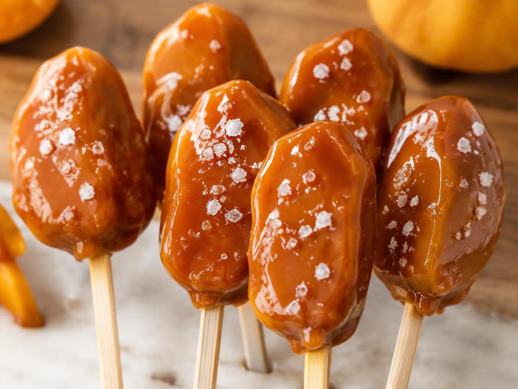 Chewy mango centres on bamboo sticks coated in glossy salted caramel