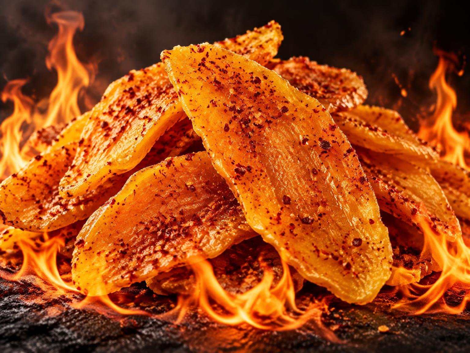 Thai-spiced dried mango slices coated in red chili over a vivid bed of flames